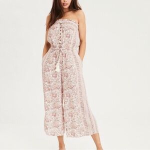 American Eagle Outfitters Strapless Floral Jumpsuit - Pink and Cream